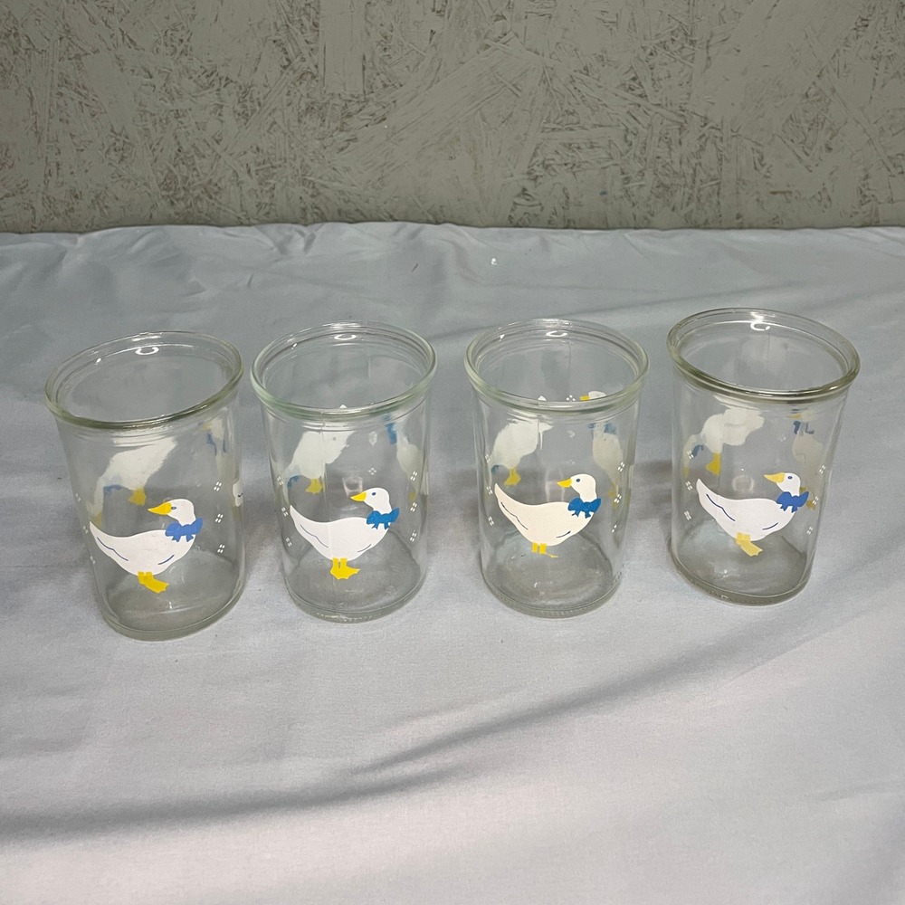 Set of 4 Bama Jelly Jar Juice Glasses White Goose Blue Ribbon